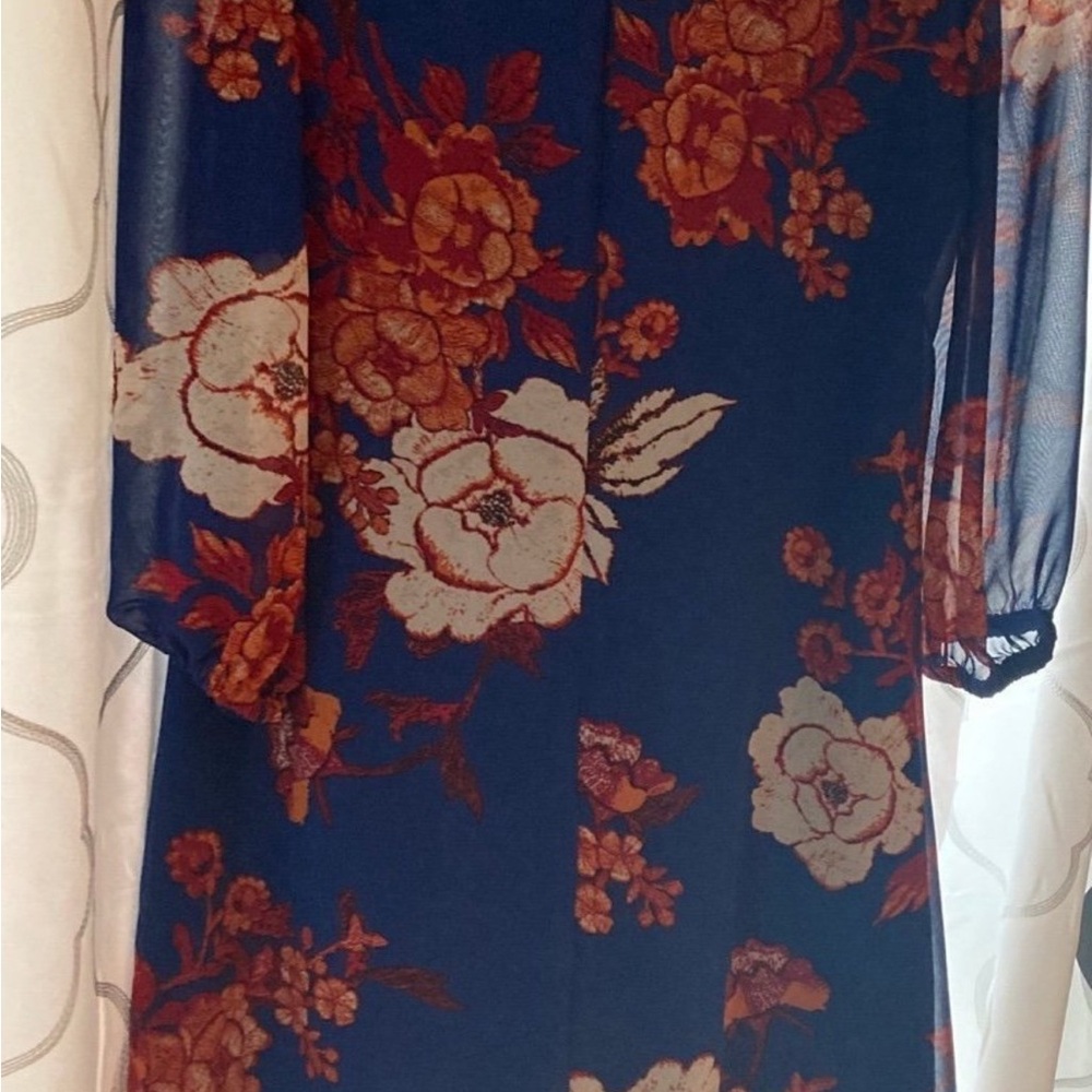 Eva Mendes Floral Navy and Rust/orange Dress